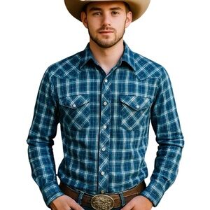 Wrangler Men’s Small Blue Plaid Pearl Snap Shirt Long Sleeve Casual Western